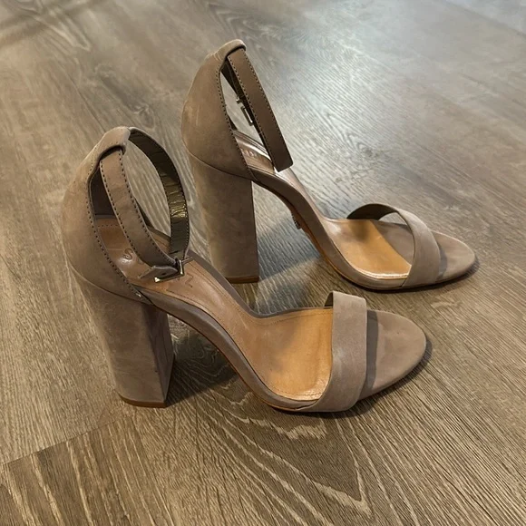 Schutz Women’s Sz 8‎ Enida Neutral Suede Ankle Strap Open Toe Chunky Block Heels - Picture 6 of 14